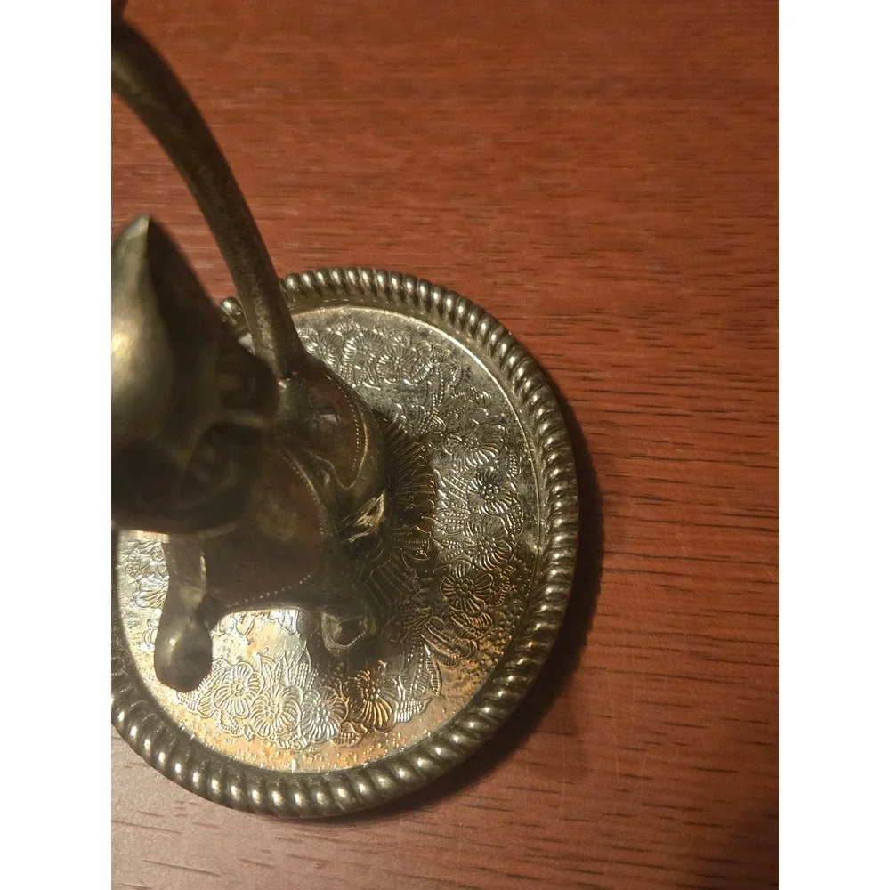 Vintage Silver Tone Metal Cat Ring Holder Trinket Dish Floral Etched Base